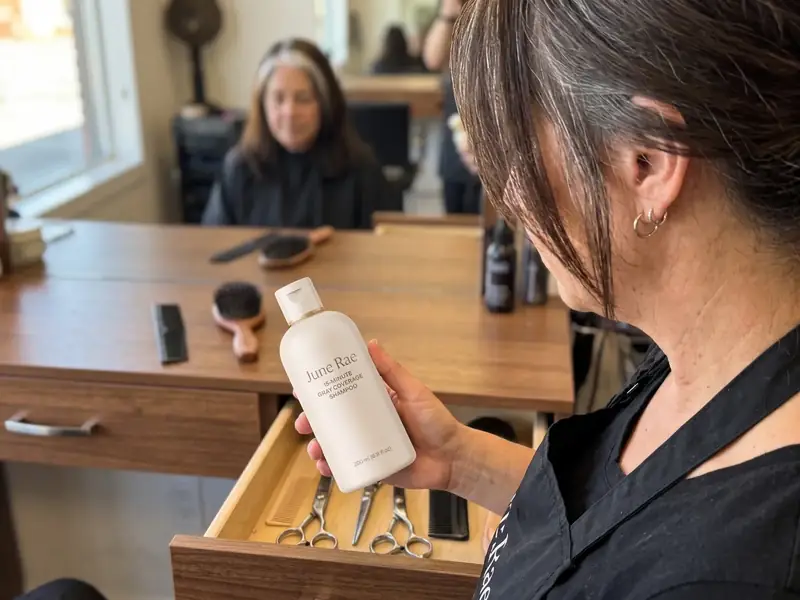 A colorist takes a cream bottle out of the drawer of her salon station