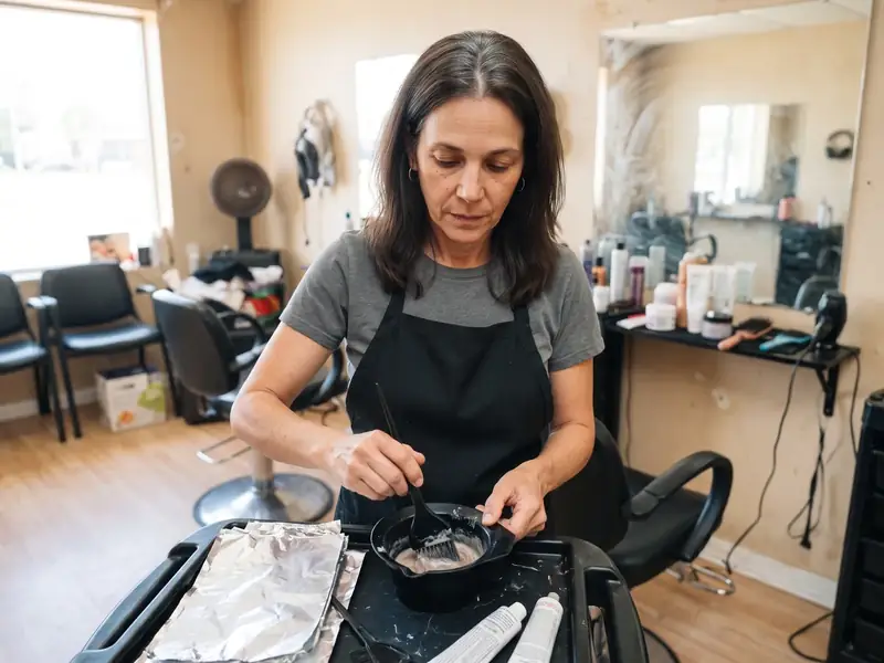 A colorist mixing a bowl of color at her station in a small salon