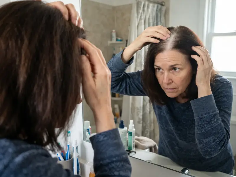 A woman checking a white stripe of gray regrowth at her part in a bathroom mirror