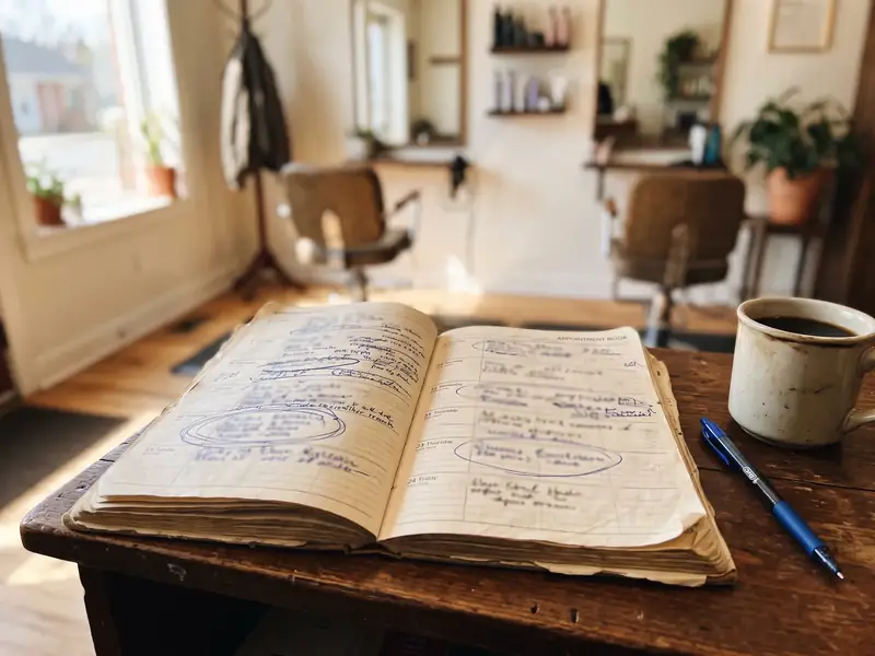 A salon appointment book open on a counter with many Tuesdays marked in pen