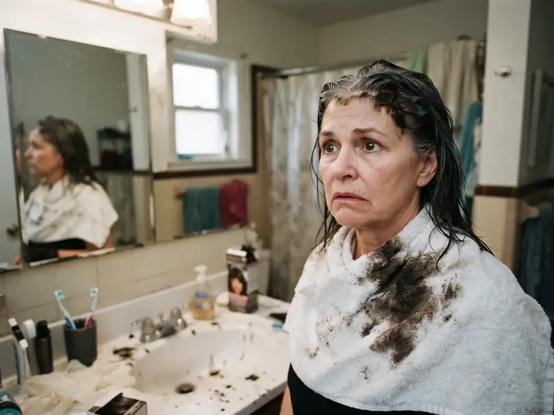 A woman in her sixties with flat, too dark hair and a stained towel in her bathroom