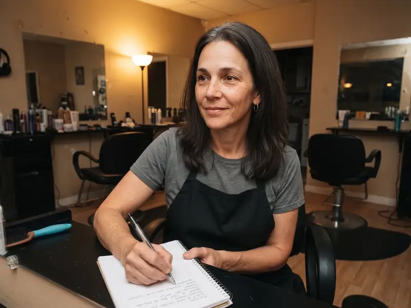 A colorist at her station writing notes in a notebook after closing time