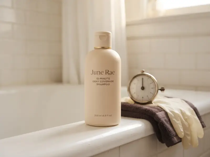 A cream shampoo bottle standing on the edge of a bathtub next to an old kitchen timer