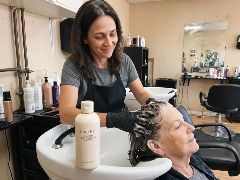 A gloved colorist working a dark lather into a client's white temples at a salon sink
