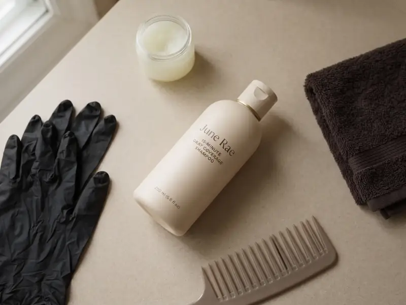 Disposable gloves, a small jar of petroleum jelly, a dark towel and the June Rae bottle on a bathroom counter