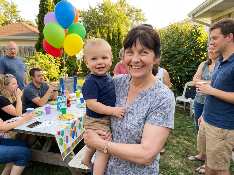 A smiling grandmother holding a toddler at a backyard birthday party, her hair evenly colored