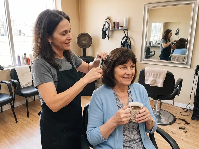 A colorist trimming the hair of an older woman in a cozy two-chair salon