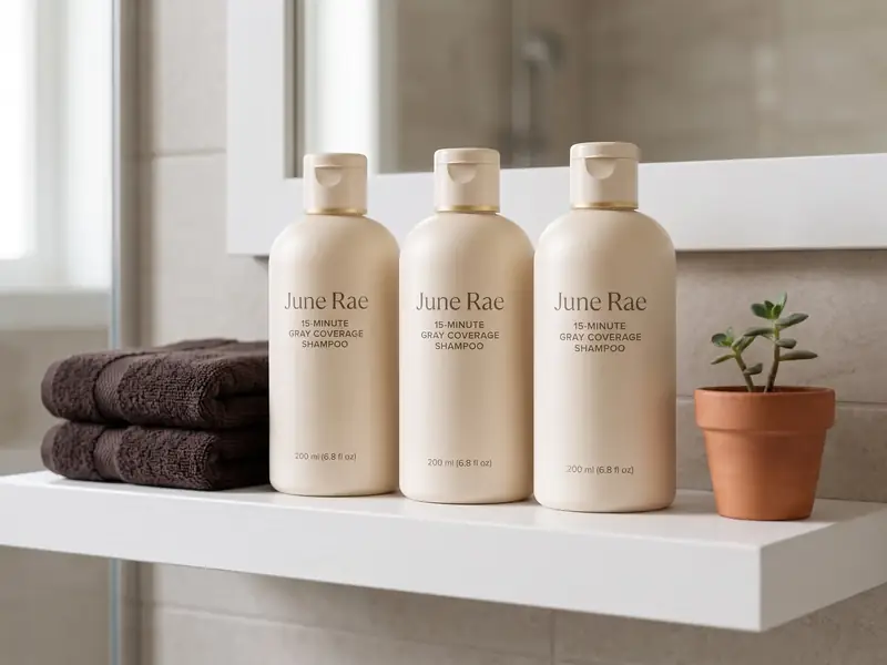 Three cream shampoo bottles on a bathroom shelf beside folded dark towels