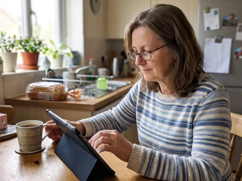 An older woman typing a short email on a tablet at her kitchen table