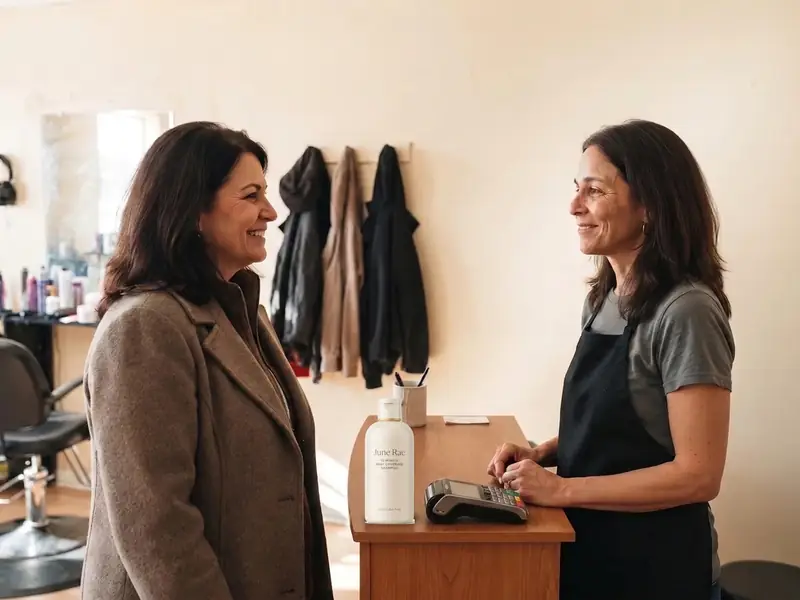 A colorist talking with a client at the front desk of a small salon