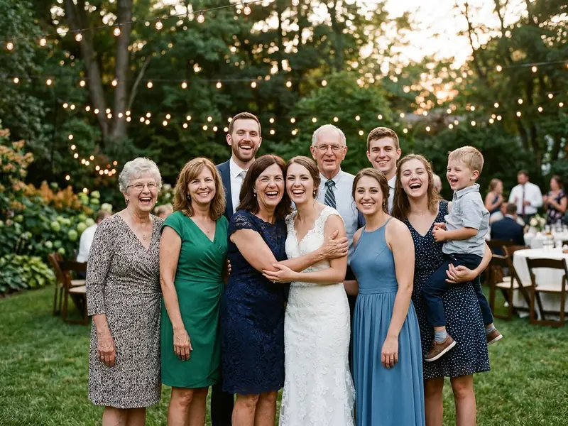 A woman in a navy dress laughing in the middle of a family wedding photo, her hair evenly colored