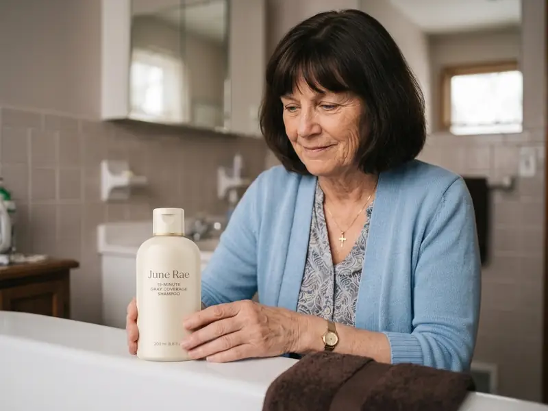 Barbara setting the June Rae bottle on the edge of her bathtub in the morning