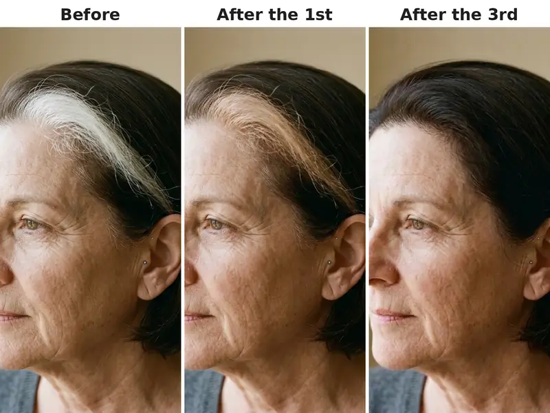 The same white temple three times: before, after the first application, after the third
